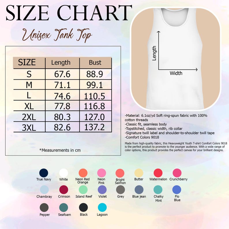 K&ouml;nnte beinhalten: Wei&szlig;es Unisex-Tanktop mit Gr&ouml;&szlig;entabelle. Die Tabelle zeigt Gr&ouml;&szlig;en von S bis 3XL, mit Ma&szlig;en in Zentimetern f&uuml;r L&auml;nge und Brustumfang. Das Tanktop besteht aus weichem Ringgarnstoff und ist in verschiedenen Farben erh&auml;ltlich.