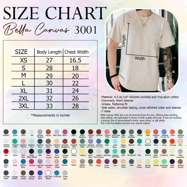 K&ouml;nnte beinhalten: Gr&ouml;&szlig;entabelle f&uuml;r Bella Canvas 3001 T-Shirts, mit Ma&szlig;en in Zoll. Die Tabelle umfasst die Gr&ouml;&szlig;en XS bis 3XL, K&ouml;rperl&auml;nge von 68,58 bis 83,82 cm und Brustweite von 41,91 bis 71,12 cm. Das Bild zeigt auch ein beiges T-Shirt.