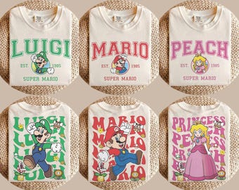 Vintage Mario Double Sided Shirt, Luigi Princess Peach Yoshi Bowser Retro Gaming Tee, Family Matching shirt, Birthday Party Gift