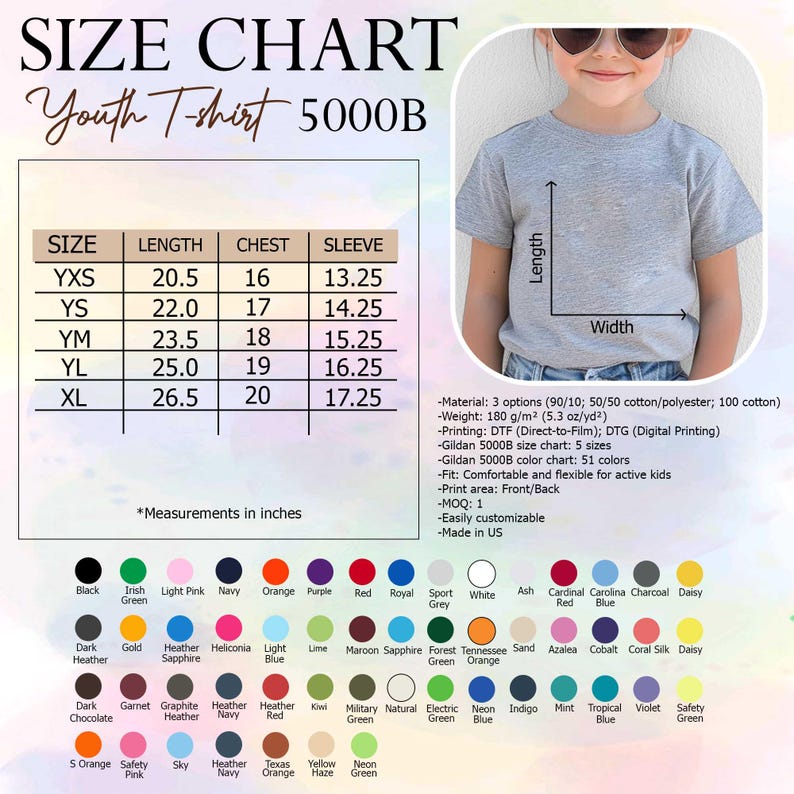 May include: Size chart for a youth t-shirt, featuring measurements in inches for sizes YXS to XL. Includes length, chest, and sleeve dimensions. The chart also lists material options, printing methods, and color options. A young person is wearing a gray t-shirt.