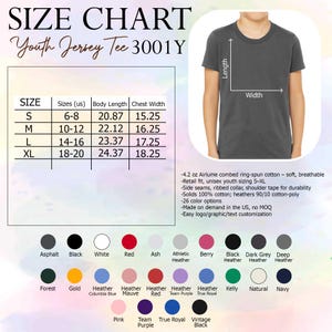 May include: Size chart for a youth jersey tee shirt, with measurements in inches. Includes a color palette with options like black, white, red, and navy. The shirt is shown in a dark gray color. The chart lists sizes S to XL.