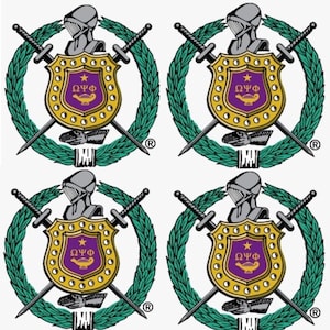 May include: A repeating pattern of a shield emblem with a knight's helmet, crossed swords, and a laurel wreath. The shield is gold with a purple center, featuring a star and a lamp with Greek letters. The design is repeated four times.
