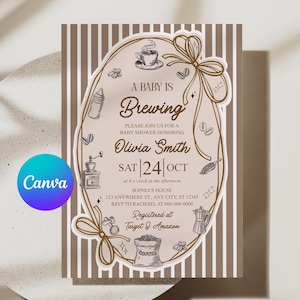 Może przedstawiać: Prostokątne zaproszenie na baby shower z tłem w brązowo-białe pionowe paski. W centrum znajduje się owalna ramka ozdobiona ilustracjami o tematyce kawowej oraz tekst A BABY IS BREWING dla Olivii Smith na 24 października.