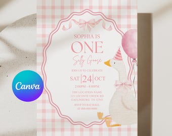 One Silly Goose 1st Birthday Invitation, Pink Bow Silly Goose Birthday Party Invite, Pink Gingham Silly Goose 1st Birthday Invitation APD125
