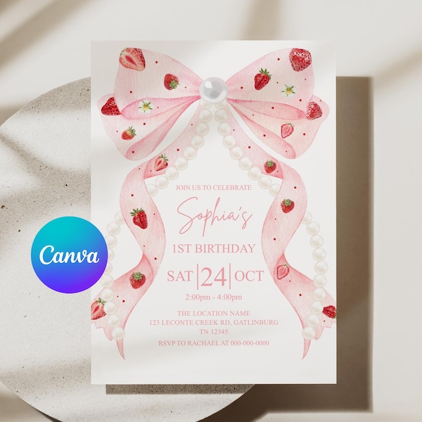Strawberry Birthday Invitation Template, Pink Bow, Pearl (Digital Download, Canva Editable 5x7in ) APD129