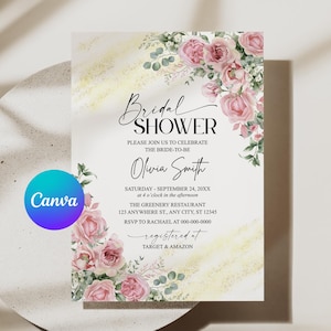 Op de afbeelding: Een uitnodiging voor een bruidsdouche met bloemaccenten. De uitnodiging toont de tekst "Bridal Shower" en de naam van de bruid, Olivia Smith. Het ontwerp bevat roze rozen en groen, met een Canva-logo.