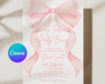 Tiny Toes & Pretty Bows Baby Shower Invitation Template, Editable Pink Bow Digital Invite, Canva Baby Girl Shower, Instant Download APD211