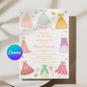 K&ouml;nnte beinhalten: Eine wei&szlig;e Einladungskarte mit Illustrationen von Prinzessinnenkleidern in Rosa, Blau und Gelb. Der Text lautet "Prinzessin Sophia wird 3!" mit Details f&uuml;r eine magische Feier. Ein Canva-Logo ist sichtbar.