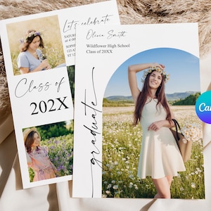May include: Graduation announcement cards featuring photos of a graduate in a field of flowers. The cards have the text "Class of 202X" and "graduate". The Canva logo is visible.