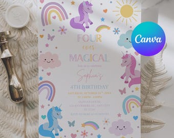 Unicorn 4th Birthday Invitation, Four Ever Magical Invitation, Magical Party Invite, Pastel Rainbow Unicorn Invitation Canva Template APD120