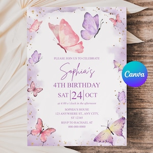 Invito di compleanno con farfalle, invito per festa di compleanno per bambina con acquerello viola (modello Canva modificabile) APD158