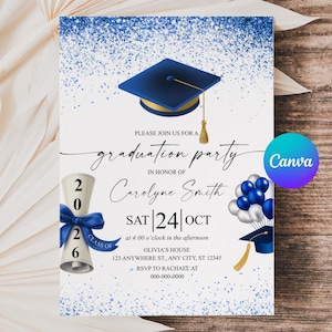 Op de afbeelding: Een uitnodiging voor een afstudeerfeest met een blauw en goud thema. De uitnodiging bevat een afstudeerhoed, ballonnen en een diploma. De tekst luidt "afstudeerfeest" en bevat de naam, datum en tijd van de afgestudeerde.