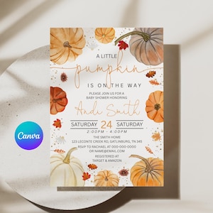 Little Pumpkin Baby Shower Invitation: Gender Neutral Autumn Theme (5x7 inches, Digital Download) APD03