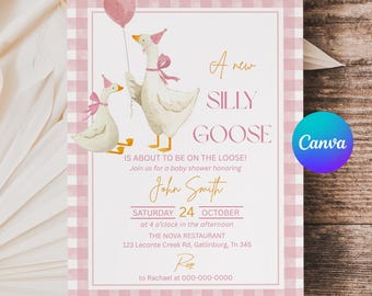 May include: A baby shower invitation with a pink and white gingham border. The invitation features illustrations of geese wearing party hats and holding a balloon. Text includes "A new SILLY GOOSE" and event details.