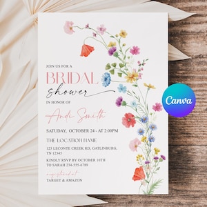 Può includere: Un invito per un addio al nubilato con dettagli floreali. L'invito recita "Join us for a Bridal Shower in honor of Andi Smith." Il design include fiori colorati e il logo Canva.