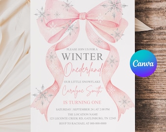 Winter Onederland 1st Birthday Invitation: Pink Bow, Snowflake (Digital Template)APD64