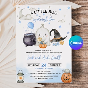 Blue &#39;A Little Boo&#39; Baby Shower Invitation: Halloween Theme (Digital Template) APD15