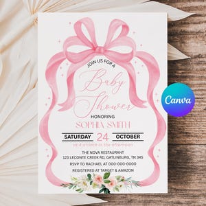 Pink Coquette Baby Shower Invitation: Ribbon & Bow Template (Digital Download, 5x7 in Canva) APD31