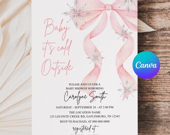 Winter Wonderland Baby Shower Invitation: Pink Bow, Snowflake (Digital Template) APD61