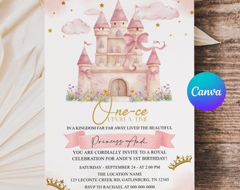 Invito per il primo compleanno della principessa "C'era una volta" (modello Canva) - APD74