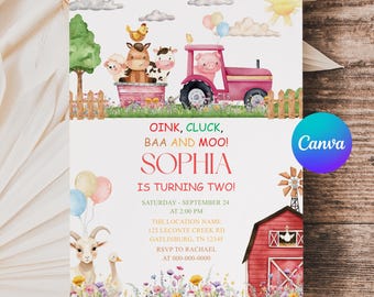 May include: A watercolor-style invitation for a child's second birthday, featuring a farm theme. The design includes a pink tractor, farm animals, balloons, and the text "OINK, CLUCK, BAA AND MOOI! SOPHIA IS TURNING TWO!" on a white background.