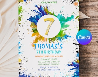 Invitación de cumpleaños con salpicaduras de pintura, plantilla editable para Canva (descarga digital) APD106