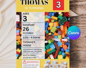Building Blocks Birthday Invitation, Construction Party, Editable Canva Template APD108