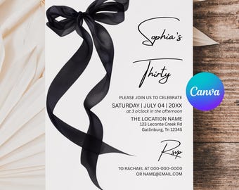 Black Bow Birthday Invitation Template: Coquette Party Invite (5x7 inches, Digital Download) APD32