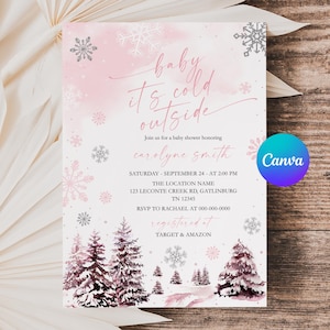 Può includere: Un invito per un baby shower a tema invernale. L'invito presenta il testo "baby it's cold outside" in corsivo, con fiocchi di neve e un'illustrazione ad acquerello di una foresta innevata. L'invito include i dettagli dell'evento.