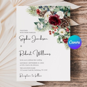 May include: A wedding invitation with floral detailing, displaying the names Sophia Jonhson and Robert Williams. The invitation includes the date, time, and location: 123 Lovonte Creek Rd, Gatlinburg, TN 12345. The design incorporates a Canva logo.