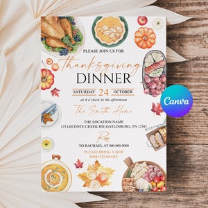 Può includere: Invito per la cena del Ringraziamento con illustrazioni ad acquerello di tacchino, zucche e foglie autunnali. Il testo recita "Thanksgiving Dinner" con data, ora e luogo. È visibile un logo Canva.