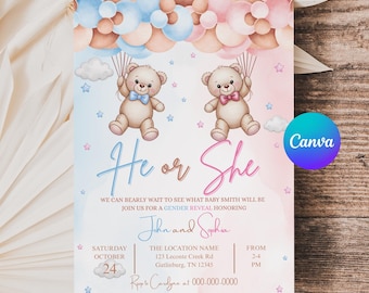 Teddy Bear Gender Reveal Invitation Pink & Blue Balloons (Canva Template) APD35