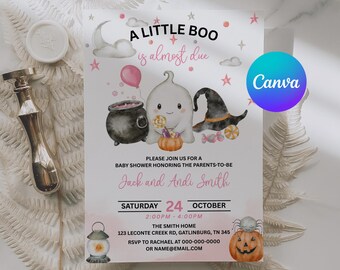 May include: A baby shower invitation with the text "A Little Boo is almost due." The design includes a ghost, cauldron, witch hat, and pumpkin. The invitation is for Jack and Andi Smith, Saturday, 24th October.