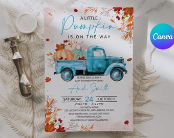Little Pumpkin Baby Shower Invitation: Blue Truck, Autumn Theme (Editable Template, Digital Download APD05