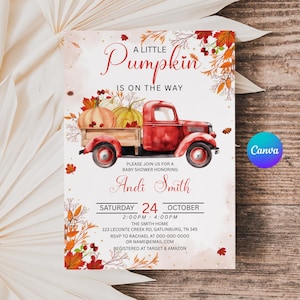 Op de afbeelding: Babyborrel uitnodiging met een rode vintage truck met pompoenen. De tekst luidt "A Little Pumpkin is on the Way" en bevat evenementdetails voor de babyborrel van Andi Smith op 24 oktober.