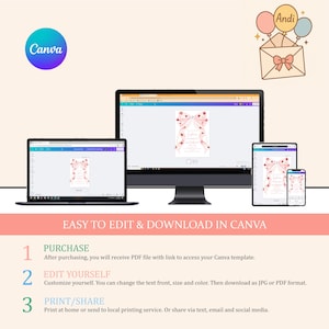 K&ouml;nnte beinhalten: Eine digitale Designvorlage, die auf einem Laptop, Desktop, Tablet und Smartphone angezeigt wird. Die Vorlage zeigt ein rosa Schleifendesign. Das Canva-Logo befindet sich in der oberen linken Ecke. Der Text lautet "EASY TO EDIT & DOWNLOAD IN CANVA".