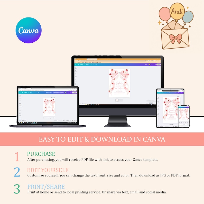 K&ouml;nnte beinhalten: Eine digitale Designvorlage, die auf einem Laptop, Desktop, Tablet und Smartphone angezeigt wird. Die Vorlage zeigt ein rosa Schleifendesign. Das Canva-Logo befindet sich in der oberen linken Ecke. Der Text lautet "EASY TO EDIT & DOWNLOAD IN CANVA".