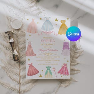 K&ouml;nnte beinhalten: Eine Geburtstagseinladung zum Thema Prinzessin mit Aquarellillustrationen von Kleidern in Rosa, Blau und Gelb. Die Einladung lautet "Prinzessin Sophia wird 3!" mit Veranstaltungsdetails und RSVP-Informationen.