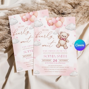 Op de afbeelding: Roze babyborrel uitnodigingen met een teddybeer die ballonnen vasthoudt. De tekst luidt "We can bearly wait" en bevat details voor Sophia Smith's babyborrel op zaterdag 24 oktober.