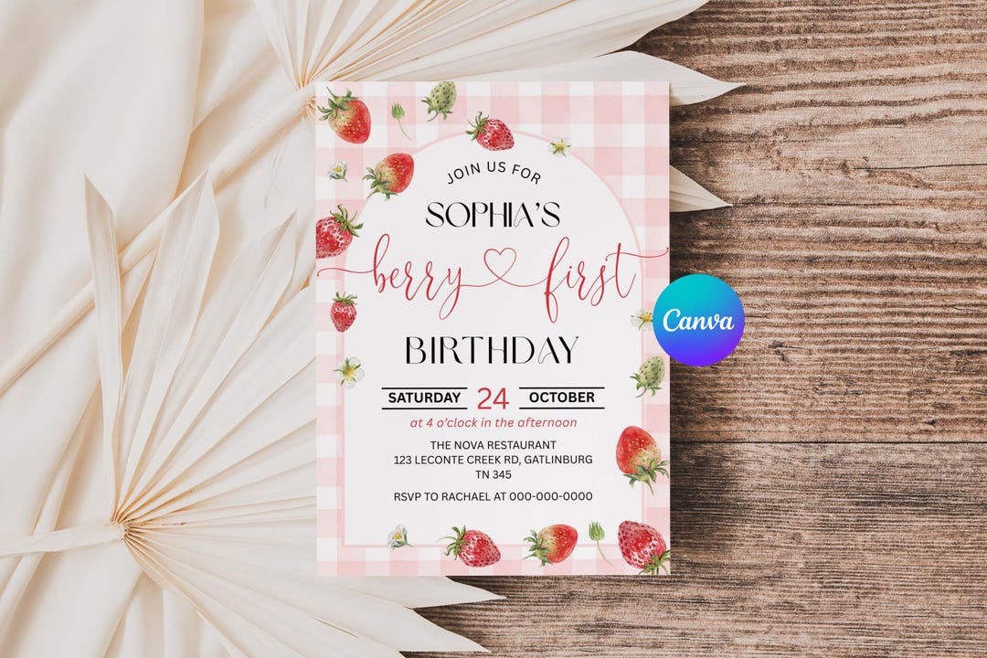 Pink Gingham Berry First Birthday Invitation: Editable Canva Template ...