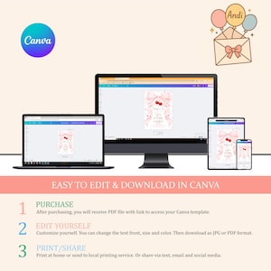 May include: A digital design template displayed on a laptop, desktop, tablet, and smartphone. The template features a pink bow and cherry design. The Canva logo is in the upper left corner. Text includes "Easy to Edit & Download in Canva."
