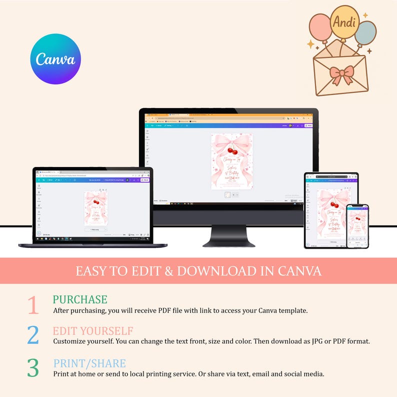 May include: A digital design template displayed on a laptop, desktop, tablet, and smartphone. The template features a pink bow and cherry design. The Canva logo is in the upper left corner. Text includes "Easy to Edit & Download in Canva."
