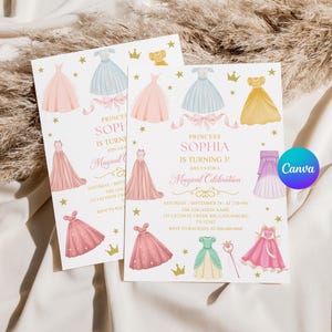 K&ouml;nnte beinhalten: Zwei Einladungen f&uuml;r eine Geburtstagsparty mit Prinzessinnen-Motto. Die Einladungen zeigen Aquarellillustrationen von Prinzessinnenkleidern in Rosa, Blau und Gelb, zusammen mit Kronen und Sternen. Der Text lautet "Princess Sophia wird 3!" und enth&auml;lt Eventdetails.