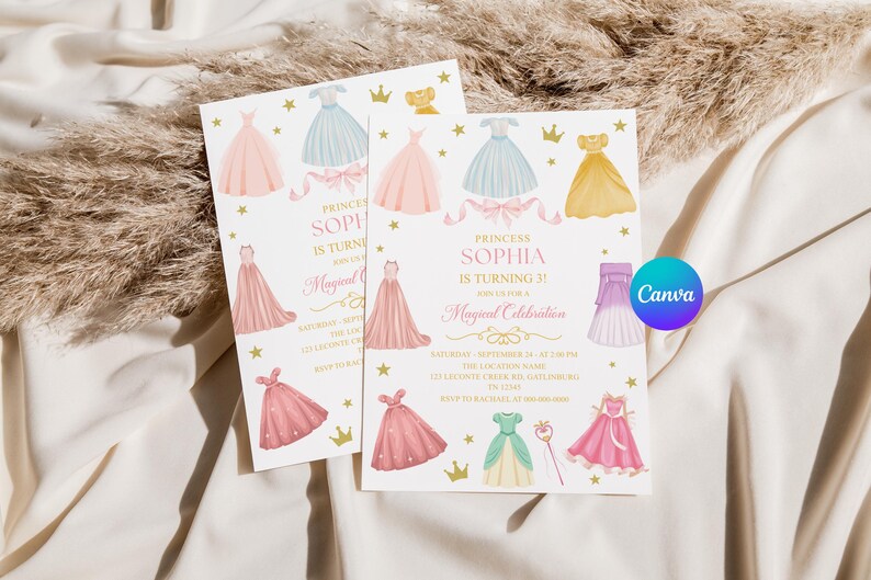 K&ouml;nnte beinhalten: Zwei Einladungen f&uuml;r eine Geburtstagsparty mit Prinzessinnen-Motto. Die Einladungen zeigen Aquarellillustrationen von Prinzessinnenkleidern in Rosa, Blau und Gelb, zusammen mit Kronen und Sternen. Der Text lautet "Princess Sophia wird 3!" und enth&auml;lt Eventdetails.