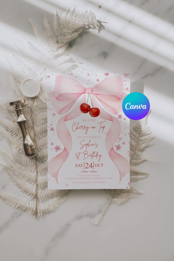 Cherry Birthday Invitation, Pink Bow Theme (Digital Download) APD123
