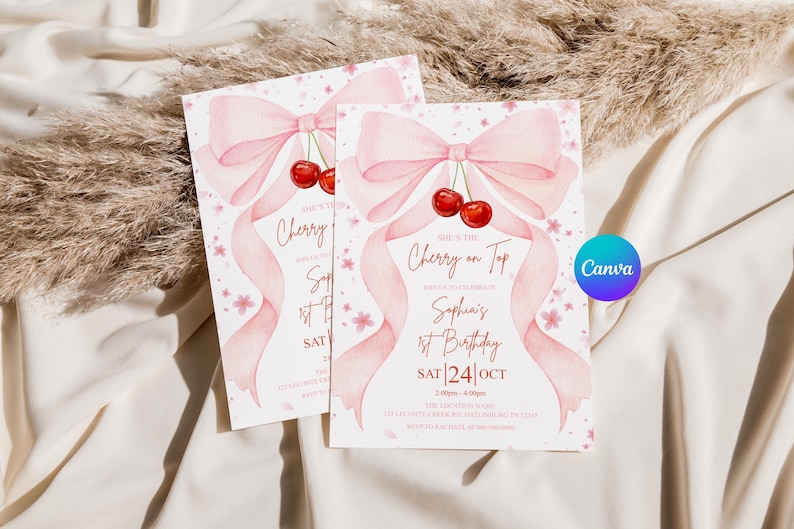 May include: Two pink watercolor invitations with a cherry and bow design. The text reads "She's the Cherry on Top" and "Sophia's 1st Birthday" with the date and time. A Canva logo is visible.
