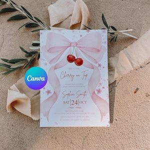May include: A baby shower invitation with a pink bow and cherry design. The invitation includes the text "She's the Cherry on Top" and details for the event, including the date, time, and location. The invitation is decorated with pink floral accents.