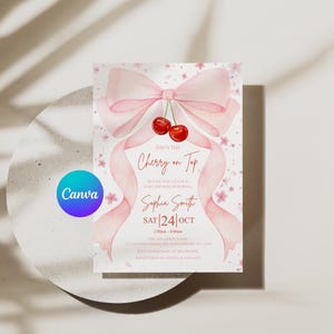 May include: A baby shower invitation with a watercolor design. The invitation features a pink bow, ribbons, and cherries. The text reads "She's the Cherry on Top" with event details and the Canva logo.