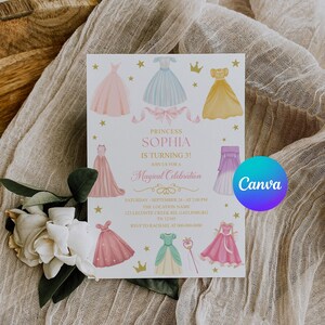 K&ouml;nnte beinhalten: Eine Geburtstagseinladung mit Prinzessinnen-Thema, die Aquarellillustrationen von Kleidern in Rosa, Blau und Gelb zeigt. Die Einladung enth&auml;lt den Text "Princess Sophia is turning 3!" und Veranstaltungsdetails.