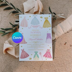 K&ouml;nnte beinhalten: Eine Party-Einladung mit Illustrationen von Prinzessinnenkleidern in verschiedenen Farben. Der Text lautet "Princess Sophia is turning 3!". Das Canva-Logo ist sichtbar. Die Einladung enth&auml;lt Eventdetails.